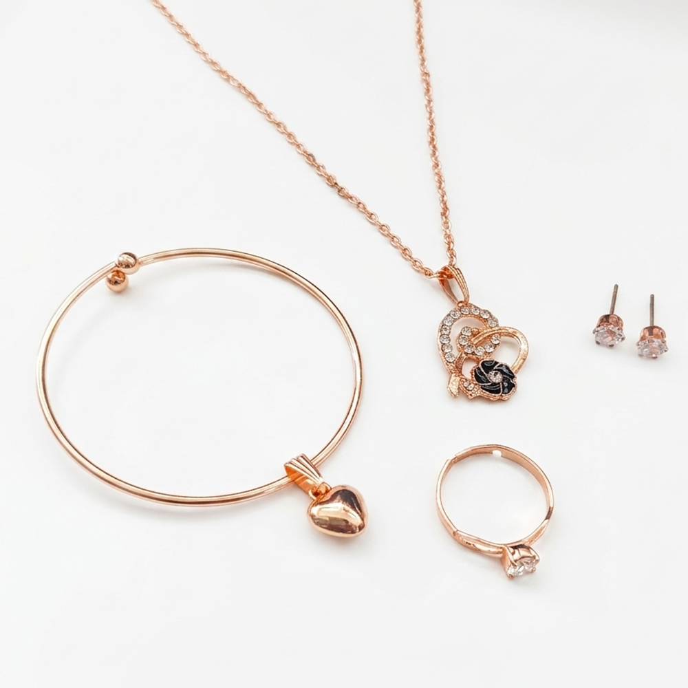 The99Jewel Rose Gold Plated Chain Pendant Earrings Rings And Bracelet Jewellery Combo Set