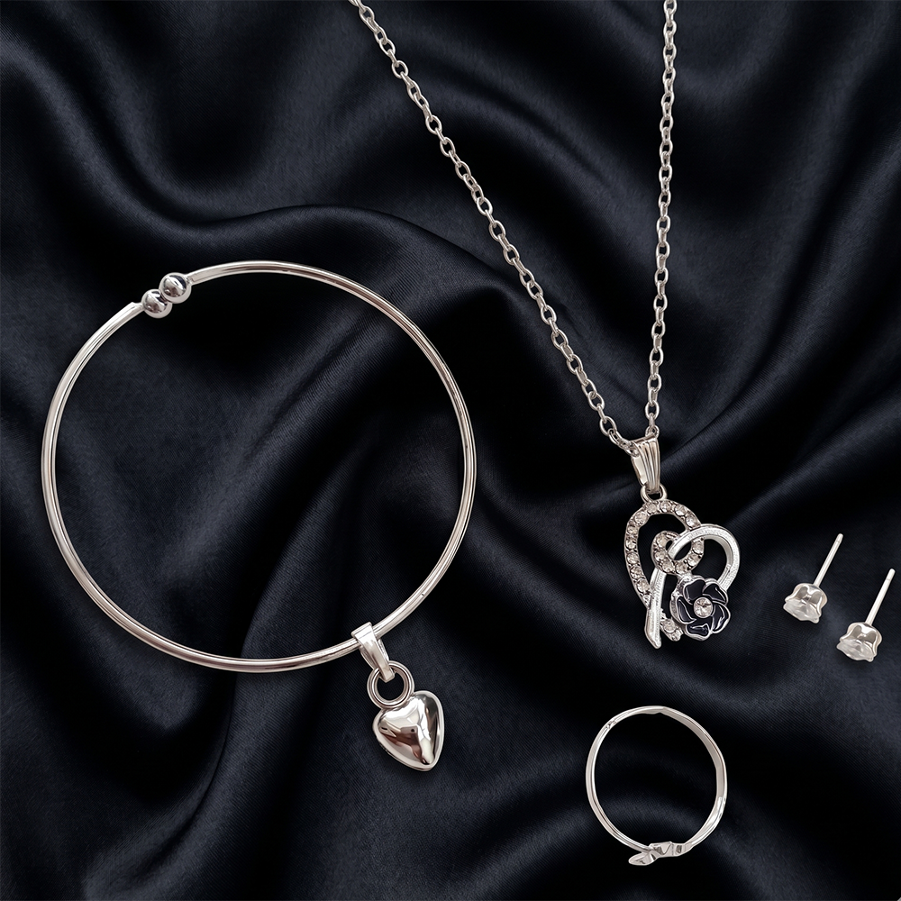 The99Jewel Silver Plated Chain Pendant Earrings Rings And Bracelet Jewellery Combo Set