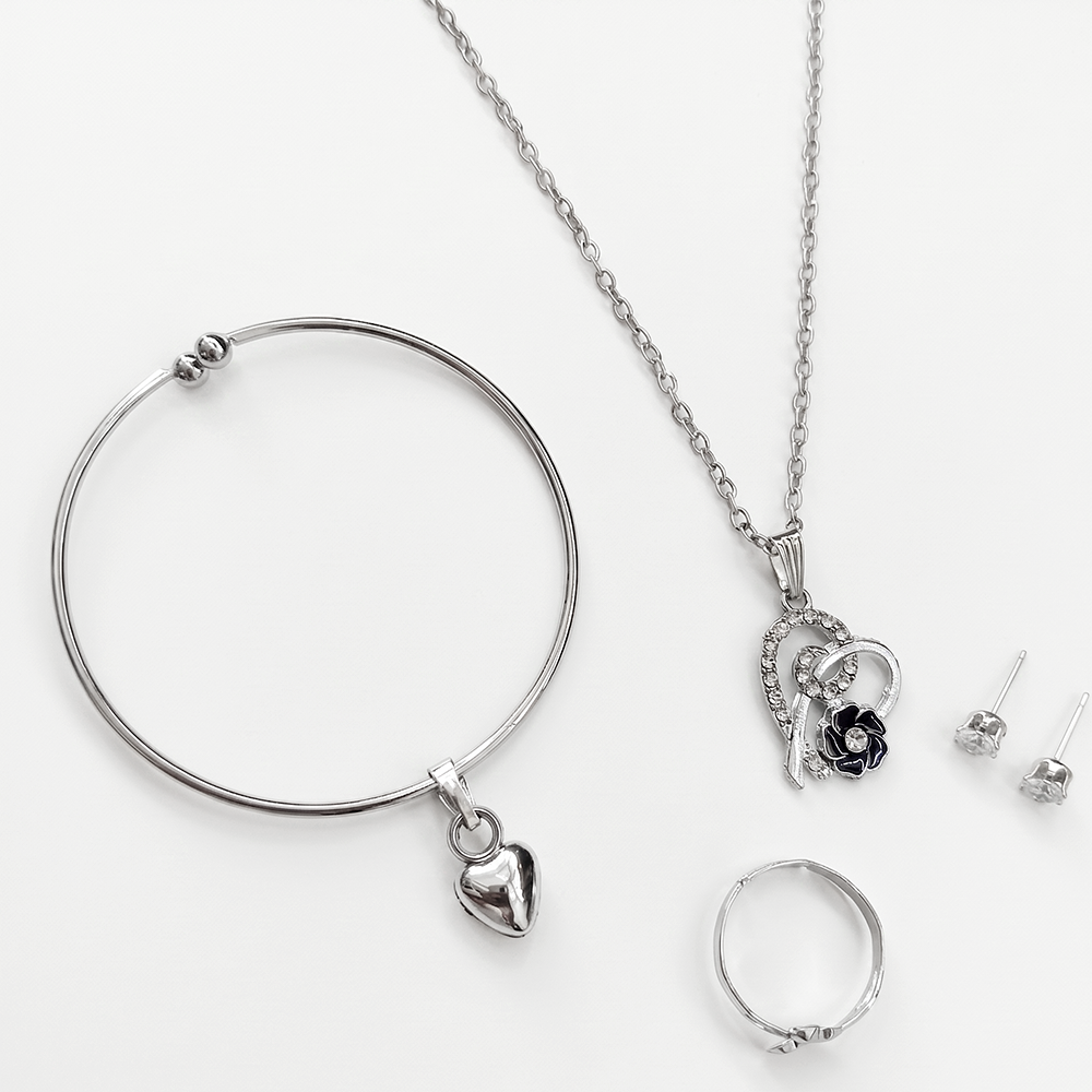 The99Jewel Silver Plated Chain Pendant Earrings Rings And Bracelet Jewellery Combo Set