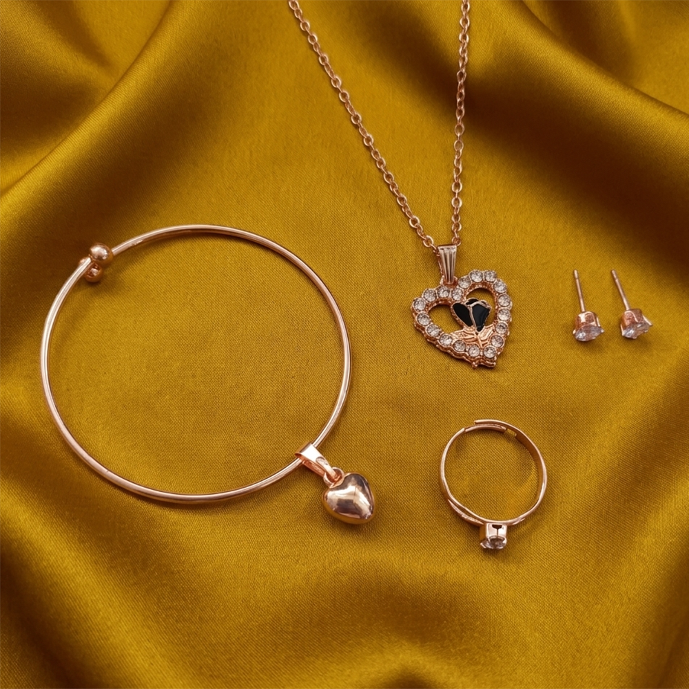 The99Jewel Rose Gold Plated Chain Pendant Earrings Rings And Bracelet Jewellery Combo Set