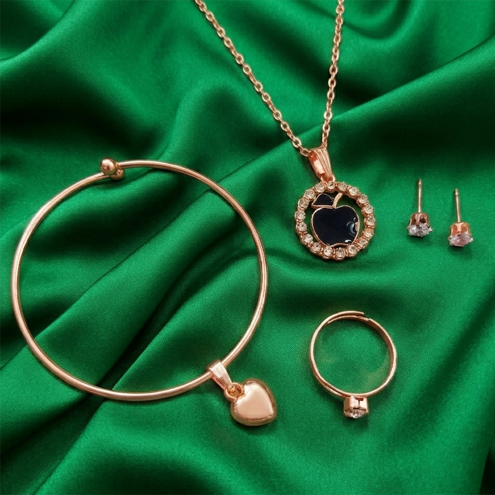 The99Jewel Rose Gold Plated Chain Pendant Earrings Rings And Bracelet Jewellery Combo Set