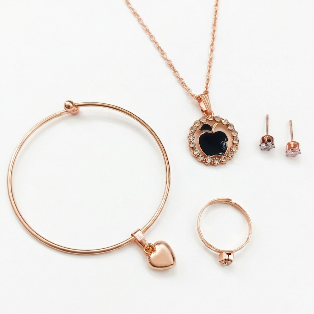 The99Jewel Rose Gold Plated Chain Pendant Earrings Rings And Bracelet Jewellery Combo Set