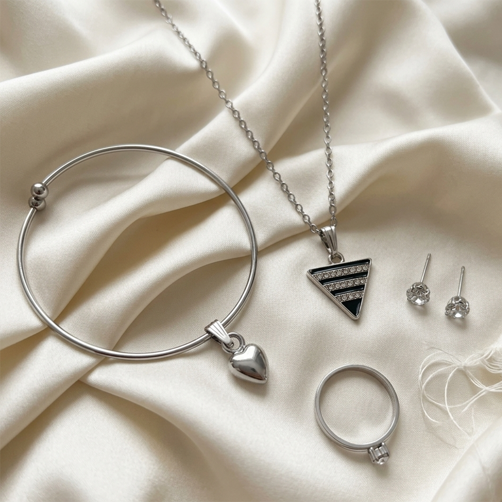 The99Jewel Silver Plated Chain Pendant Earrings Rings And Bracelet Jewellery Combo Set