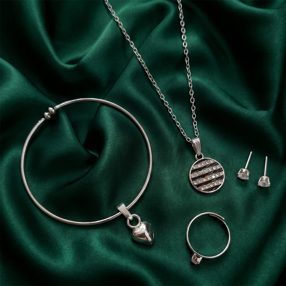 The99Jewel Silver Plated Chain Pendant Earrings Rings And Bracelet Jewellery Combo Set