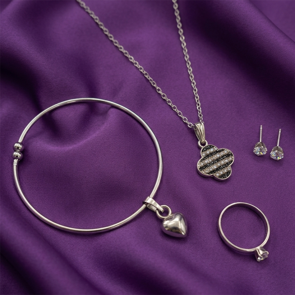 The99Jewel Silver Plated Chain Pendant Earrings Rings And Bracelet Jewellery Combo Set
