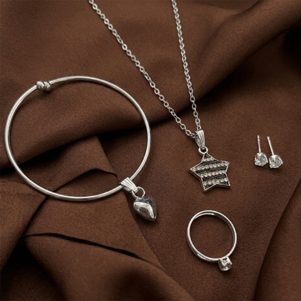 The99Jewel Silver Plated Chain Pendant Earrings Rings And Bracelet Jewellery Combo Set