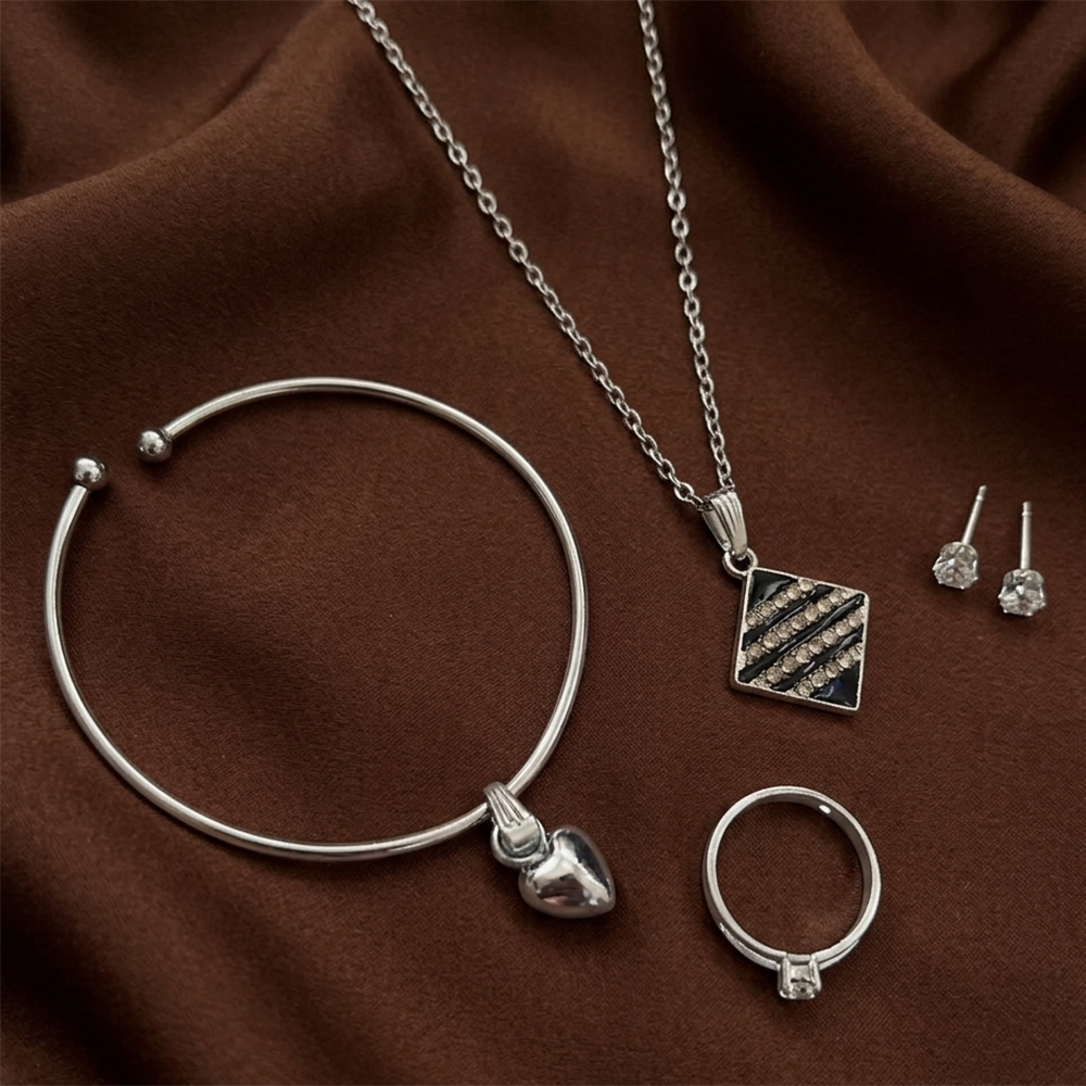 The99Jewel Silver Plated Chain Pendant Earrings Rings And Bracelet Jewellery Combo Set