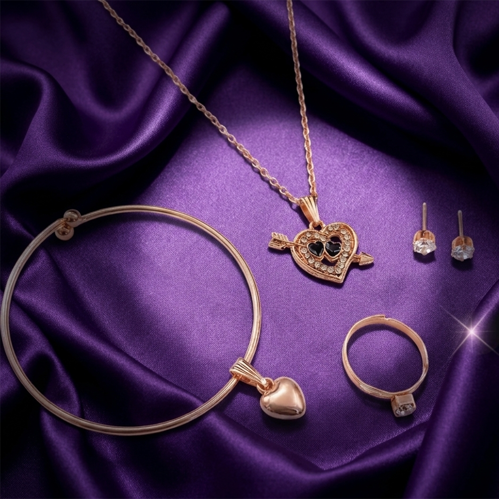 The99Jewel Rose Gold Plated Chain Pendant Earrings Rings And Bracelet Jewellery Combo Set