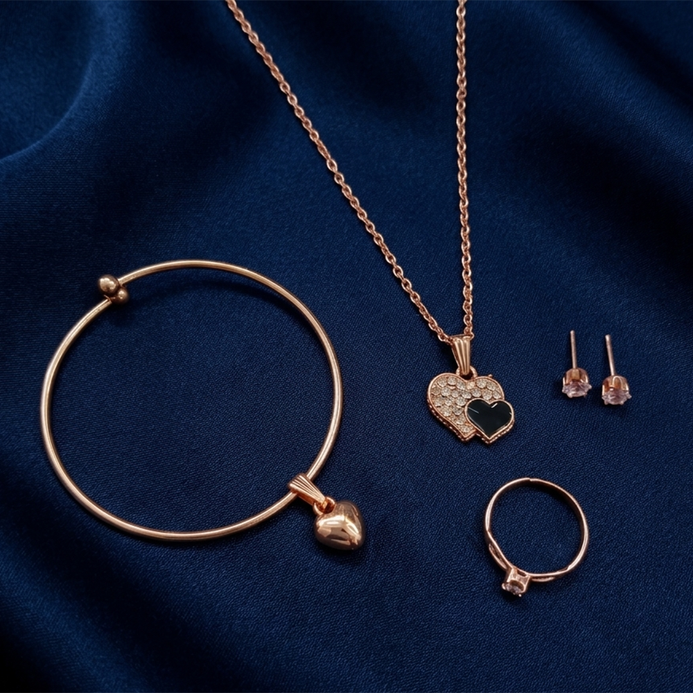 The99Jewel Rose Gold Plated Chain Pendant Earrings Rings And Bracelet Jewellery Combo Set