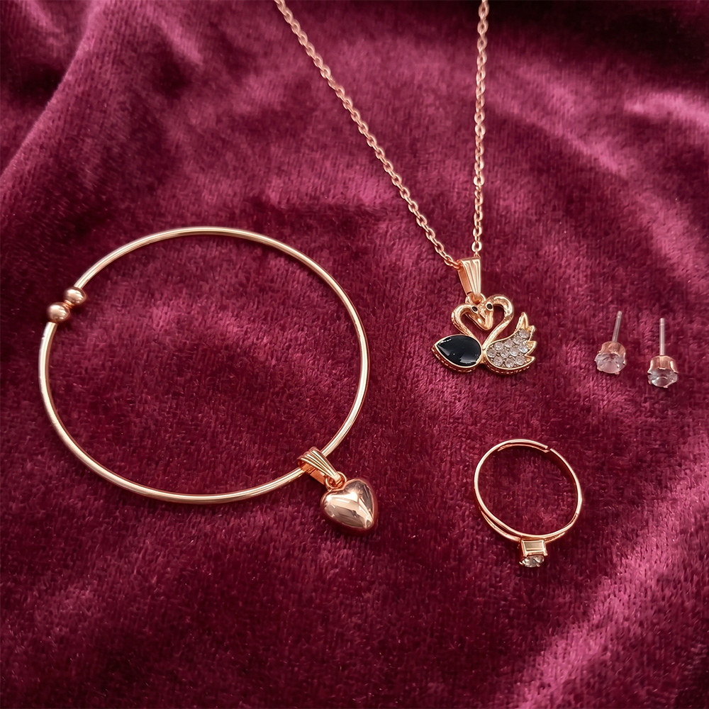 The99Jewel Rose Gold Plated Chain Pendant Earrings Rings And Bracelet Jewellery Combo Set