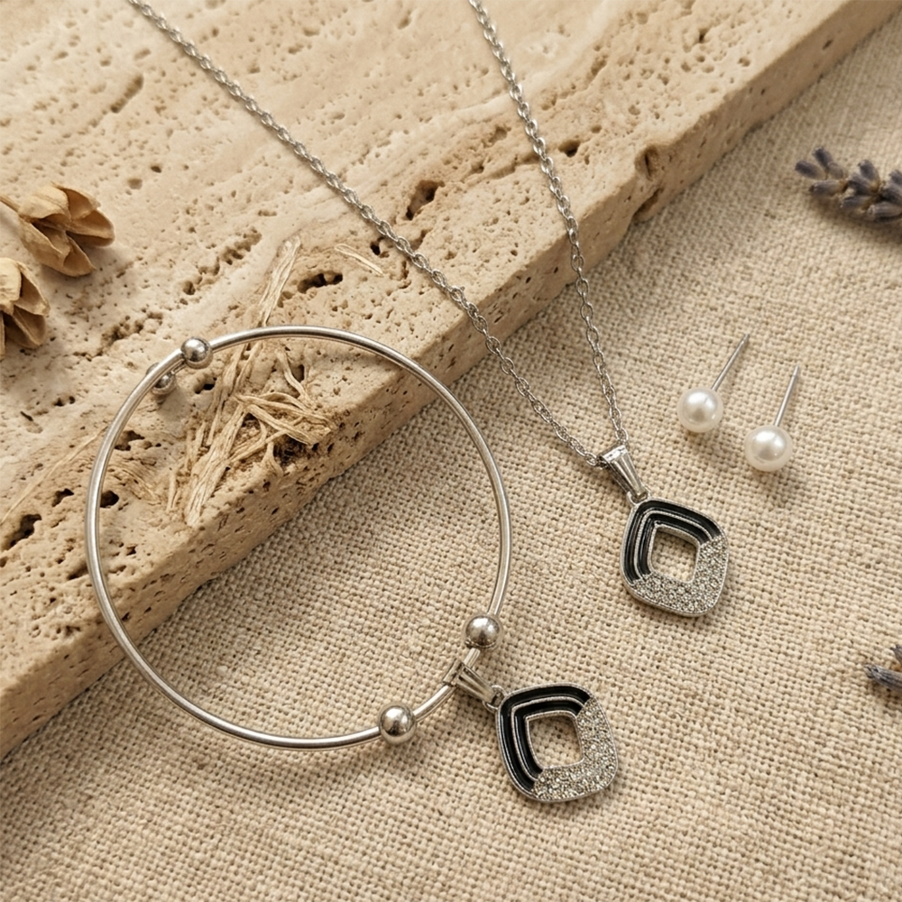 The99Jewel Silver Plated Chain Pendant Earrings And Bracelet Jewellery Combo Set