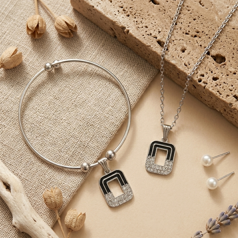 The99Jewel Silver Plated Chain Pendant Earrings And Bracelet Jewellery Combo Set