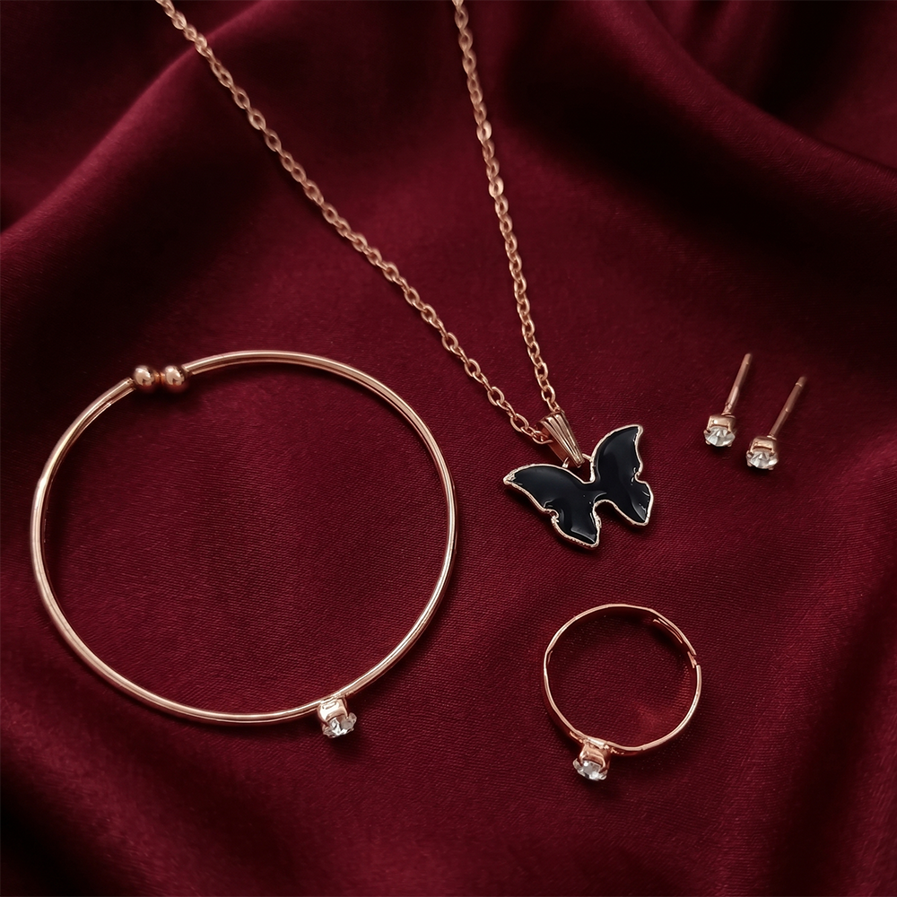 The99Jewel Rose Gold Plated Chain Pendant Earrings Rings And Bracelet Jewellery Combo Set