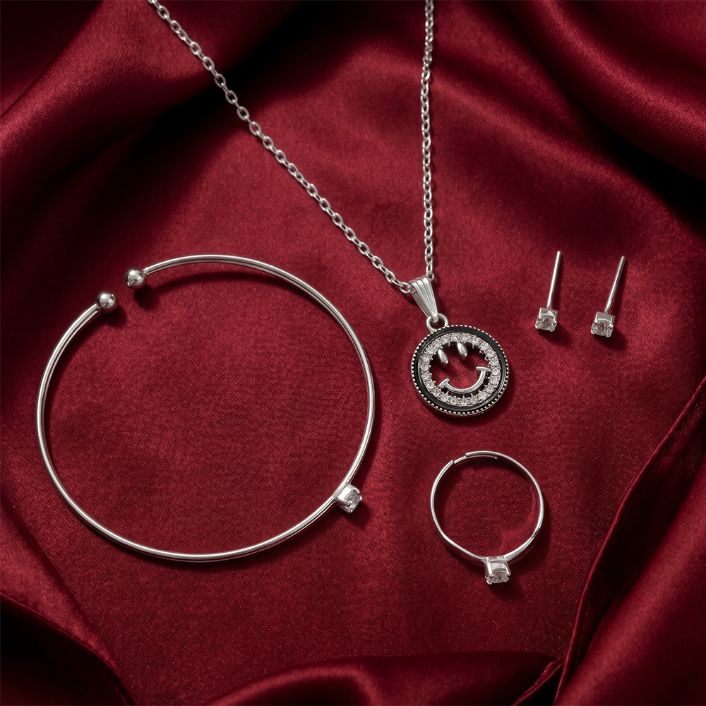 The99Jewel Silver Plated Chain Pendant Earrings Rings And Bracelet Jewellery Combo Set