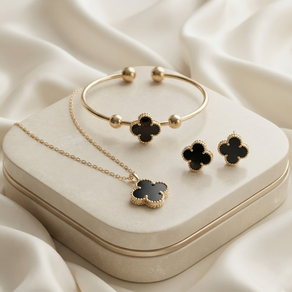 The99Jewel Elegant Black Clover Pendant Necklace Bracelet & Earrings Jewellery Set
