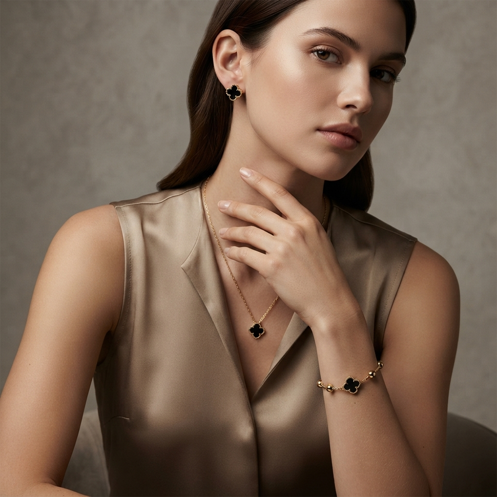 The99Jewel Elegant Black Clover Pendant Necklace Bracelet & Earrings Jewellery Set