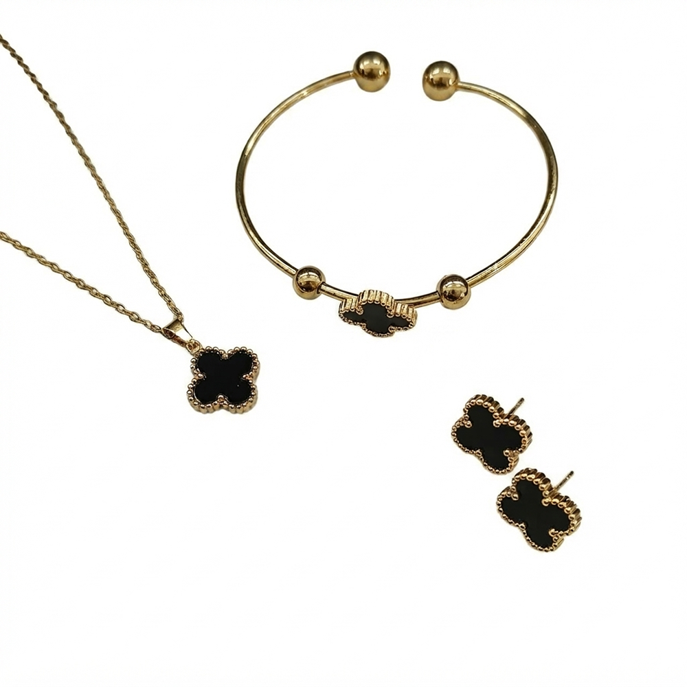 The99Jewel Elegant Black Clover Pendant Necklace Bracelet & Earrings Jewellery Set