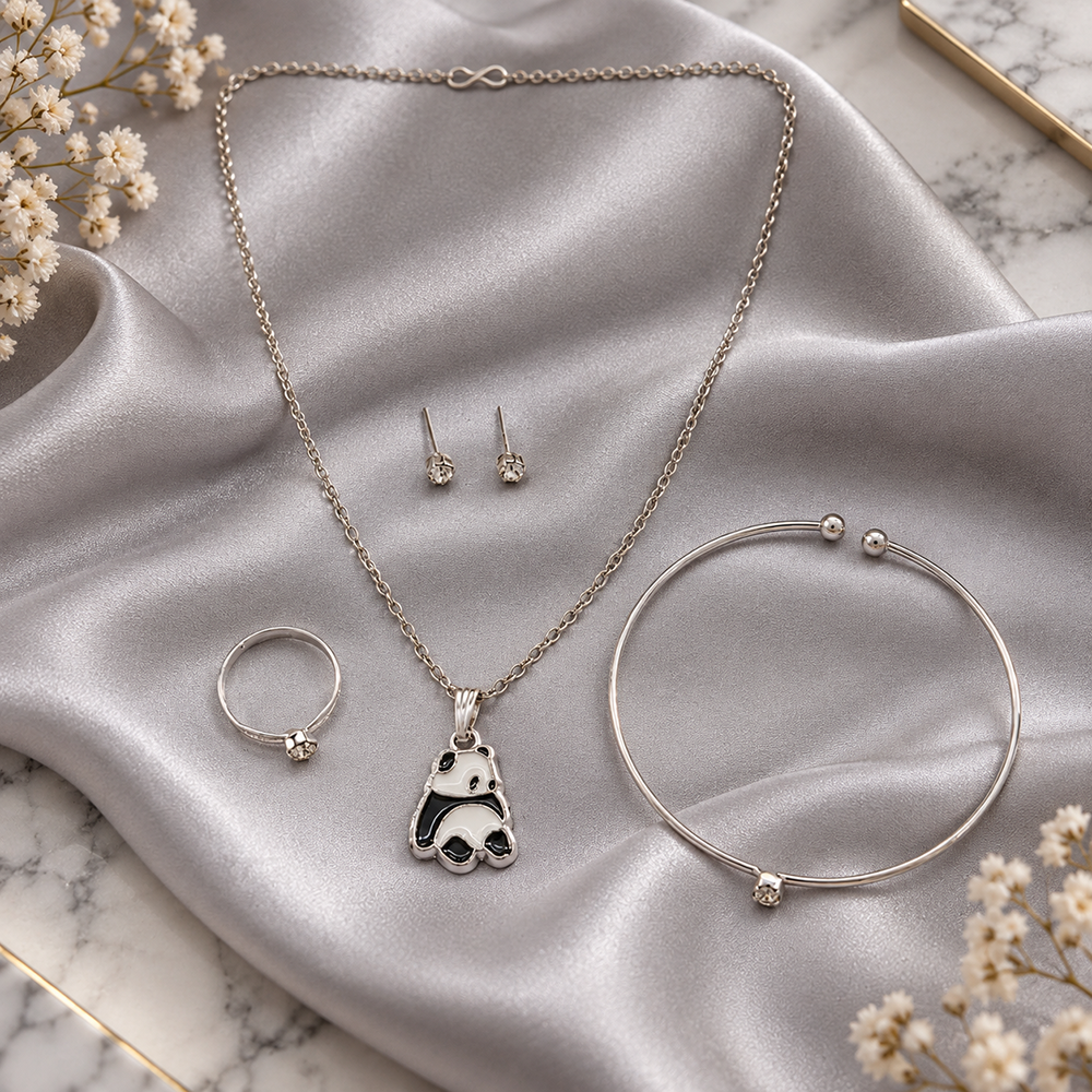 The99Jewel Silver Plated Panda Shape Chain Pendant with Adjustable Bracelet and Finger Ring for Women