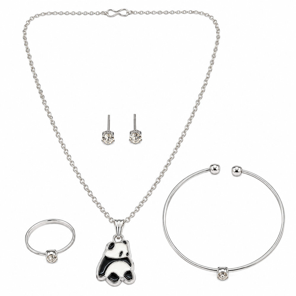 The99Jewel Silver Plated Panda Shape Chain Pendant with Adjustable Bracelet and Finger Ring for Women