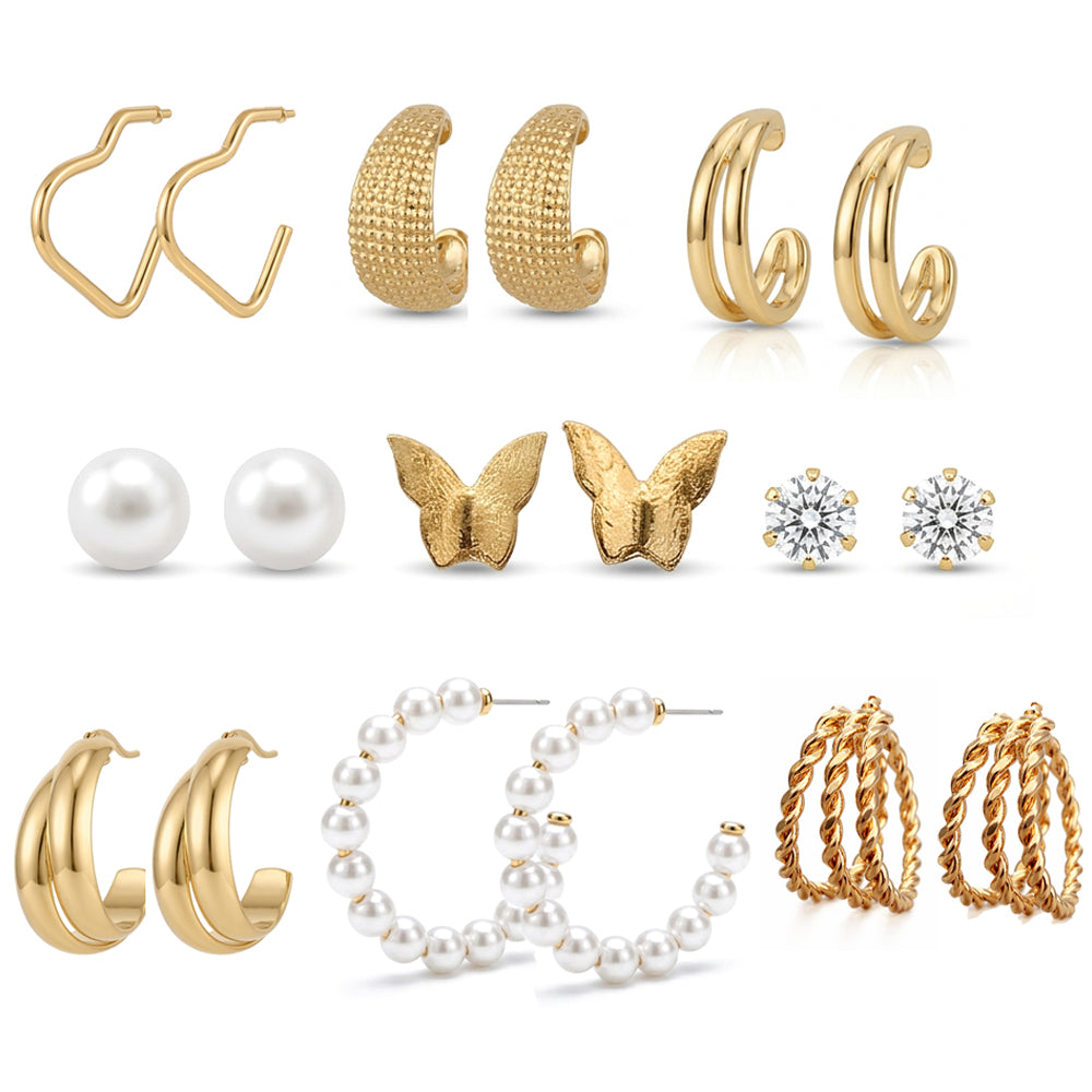 The99Jewel Set Of 9 Korean Style Gold Plated Earrings Combo