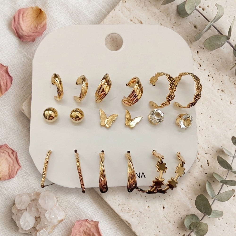The99Jewel Set Of 9 Korean Style Gold Plated Earrings Combo