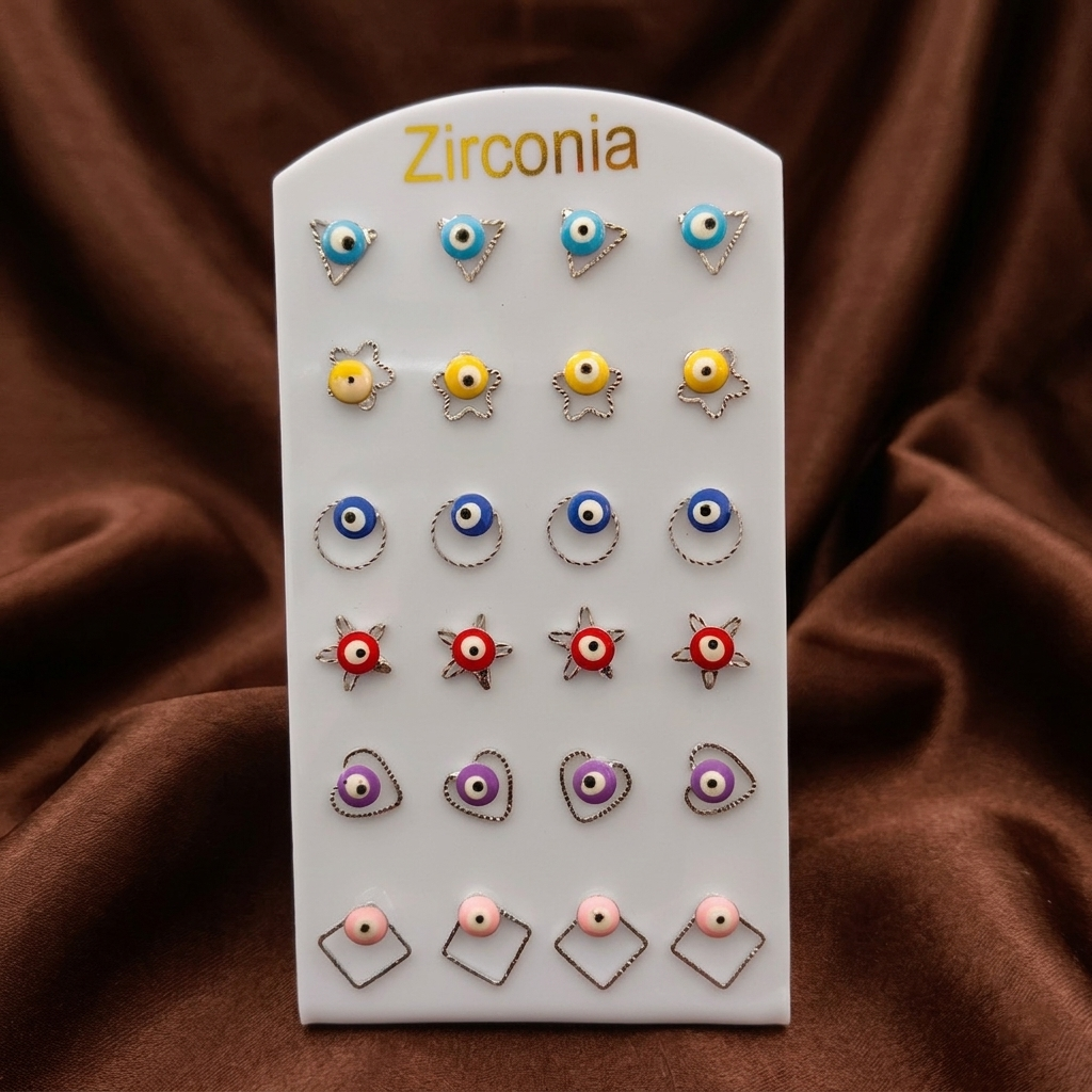 The99Jewel Set of 12 Multi Color Geometric Shapes Evil Eye Stud Earrings Combo
