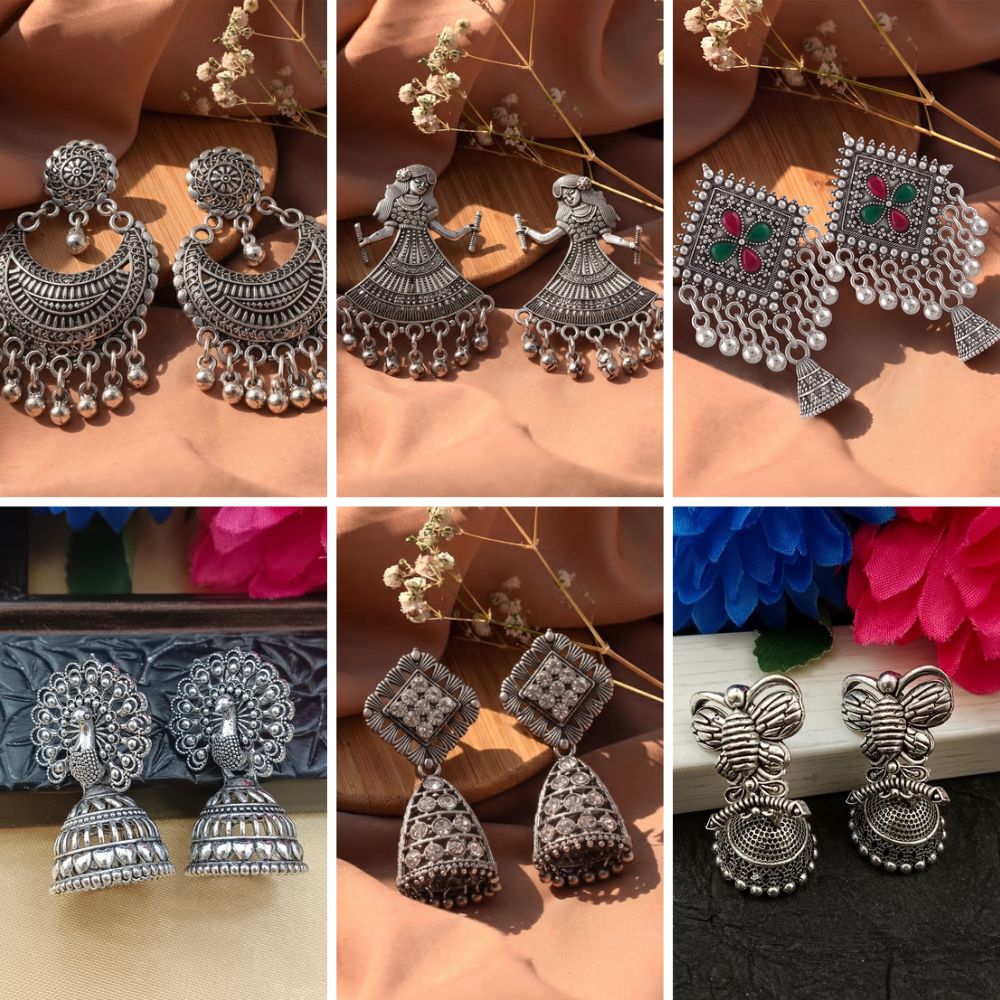 The99Jewel Pack of 6 Assorted Oxidised Earrings for Women | Traditional Ethnic Fashion Jewellery Set
