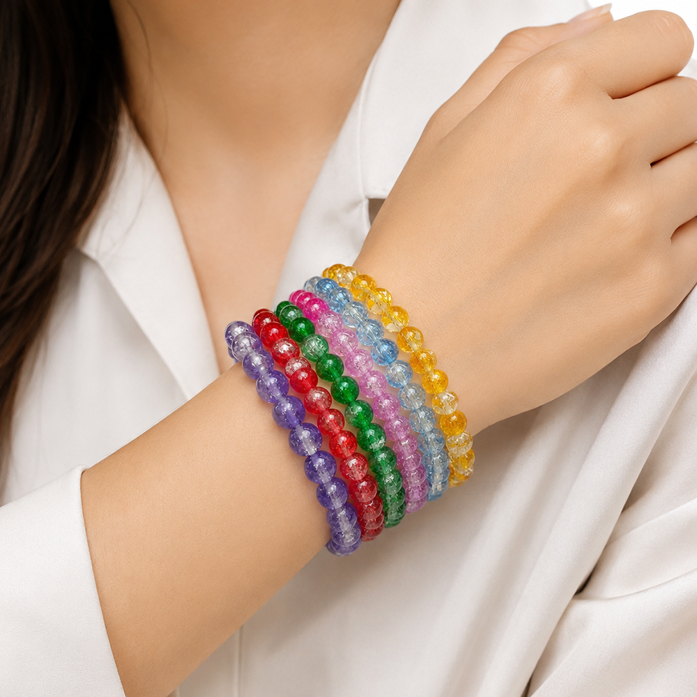 The99Jewel Colorful Crackle Glass Beads Bracelet  For Women & Girls (Assorted Color) (Set of 6)