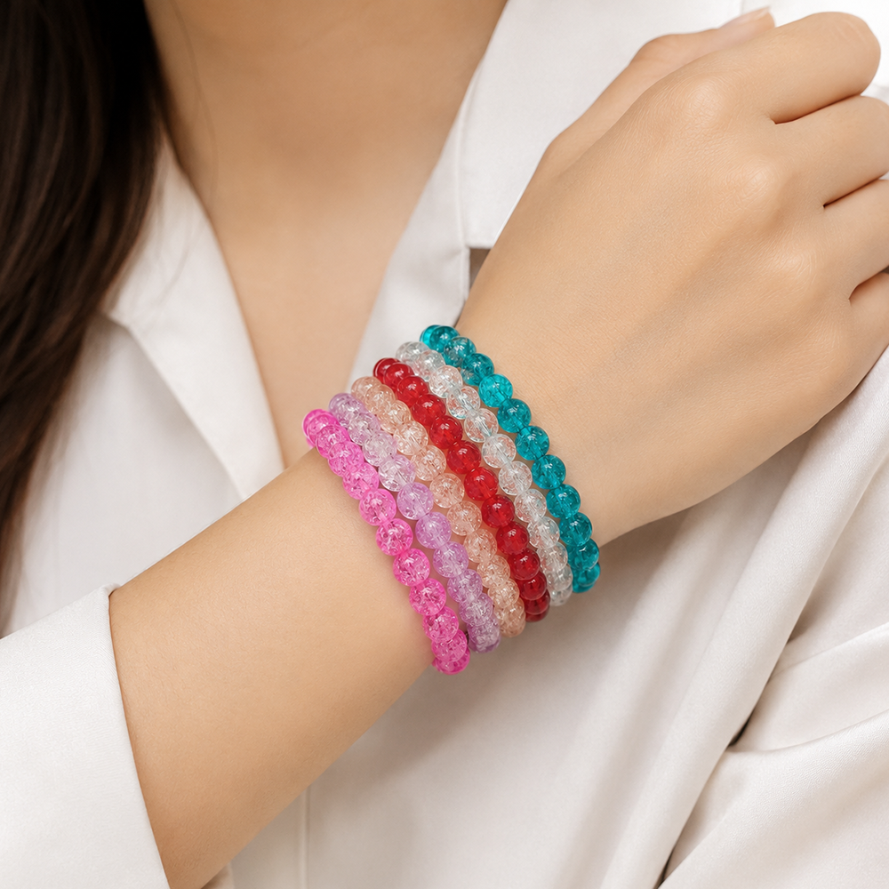 The99Jewel Colorful Crackle Glass Beads Bracelet  For Women & Girls (Assorted Color) (Set of 6)