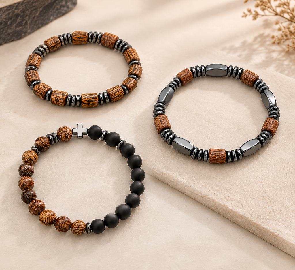 The99Jewel Stylish Wooden And Gun Metal Stylish Set of 3 Bracelet Combo For Men