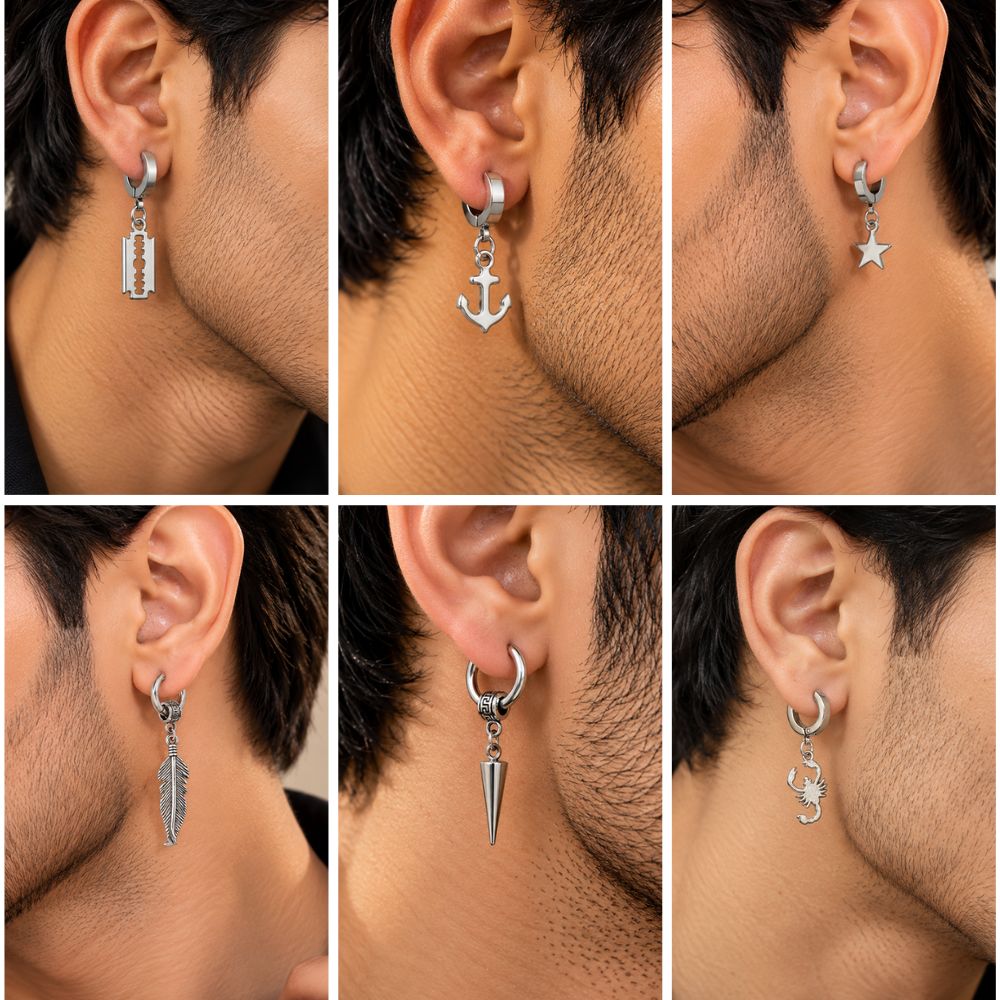 The99Jewel Stylish Ear Piercing Set of 6 Assorted Earrings Combo For Men