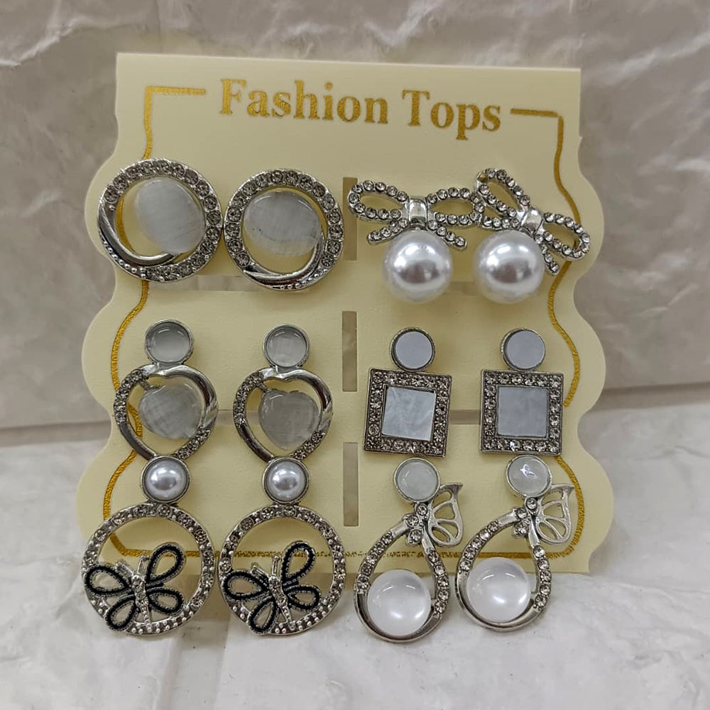 The99Jewel Silver Plated Pearl & Austrian Stone Set of 6 Korean Earrings Combo