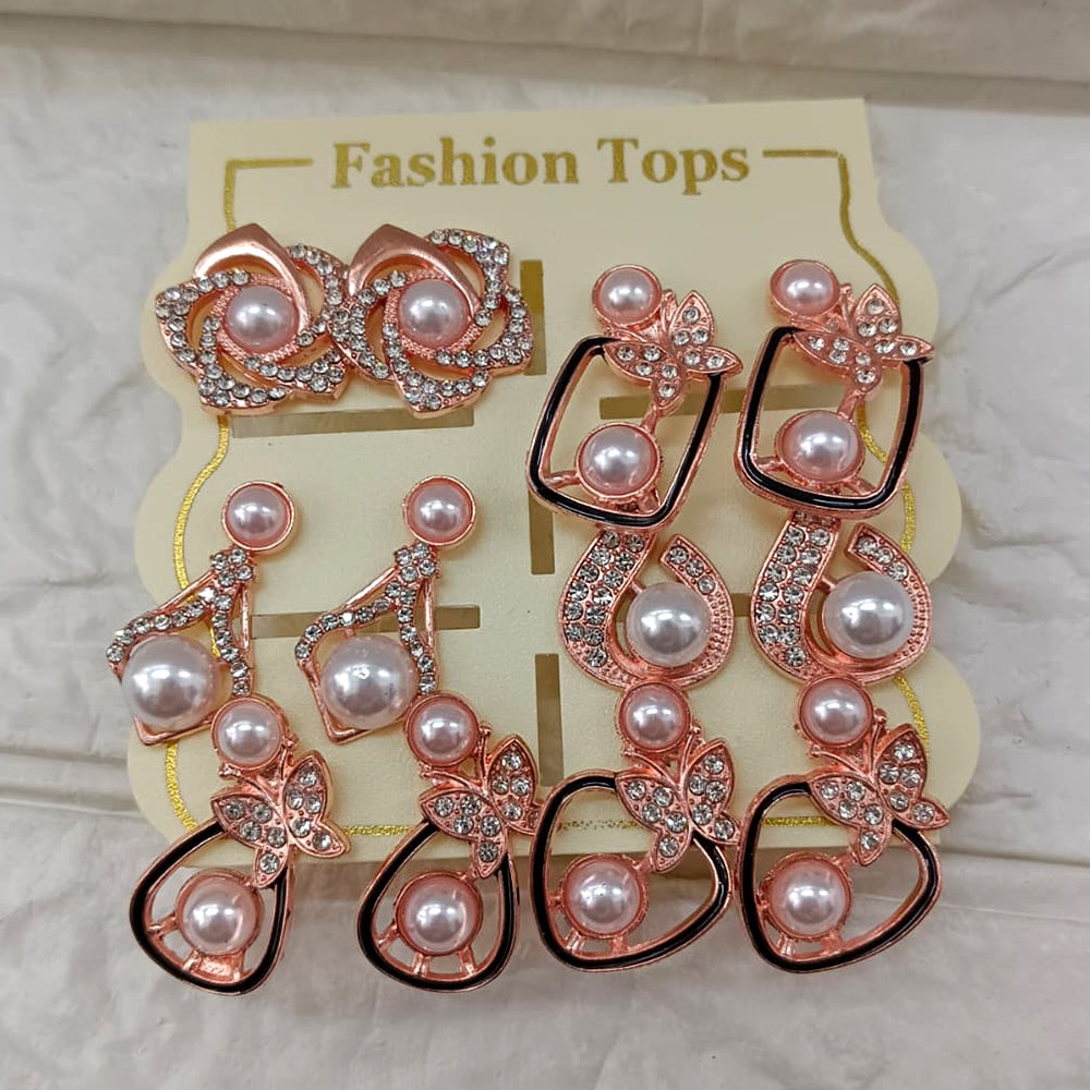 The99Jewel Rose Gold Plated Pearl & Austrian Stone Set of 6 Korean Earrings Combo