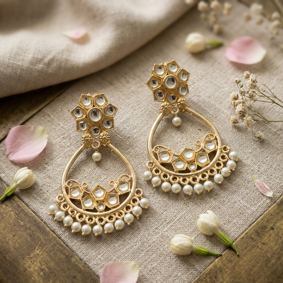 The99Jewel Ethnic Floral Kundan & Pearl Earrings | Traditional Fashion Jewellery