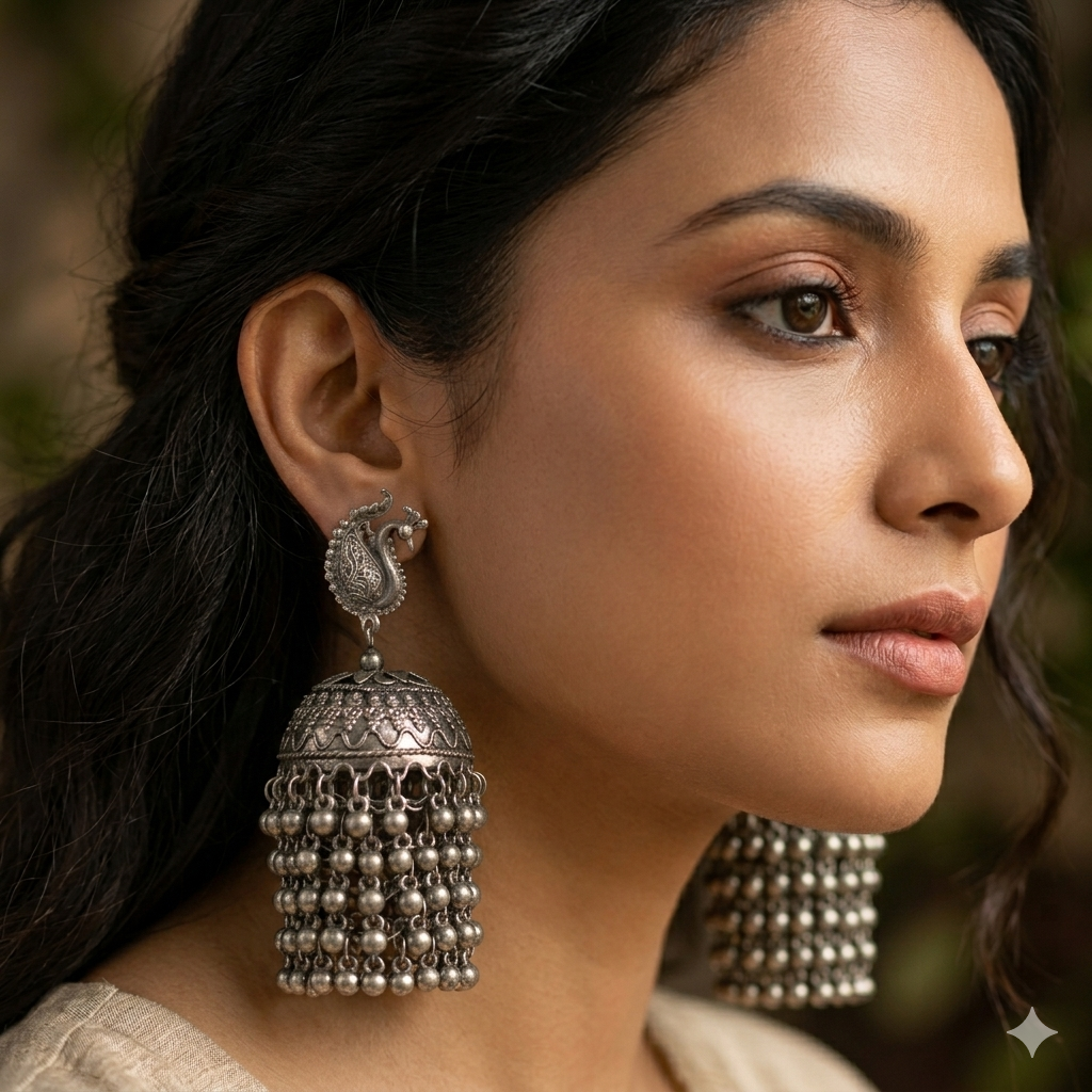 The99Jewel Oxidised Plated Peacock Design Big Jhumka Earrings