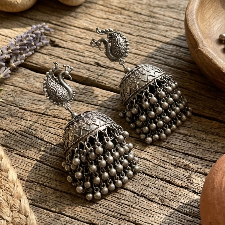 The99Jewel Oxidised Plated Peacock Design Big Jhumka Earrings