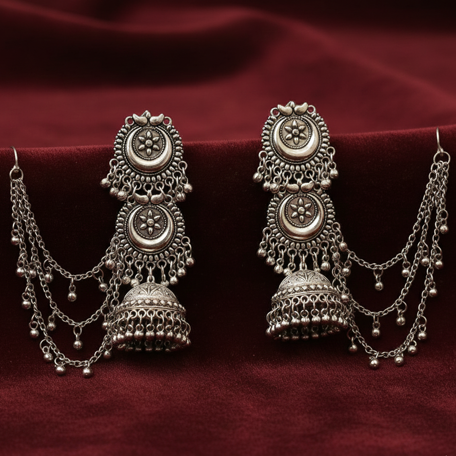 The99JewelOxidised Layered Jhumka Earrings With Kan Chain