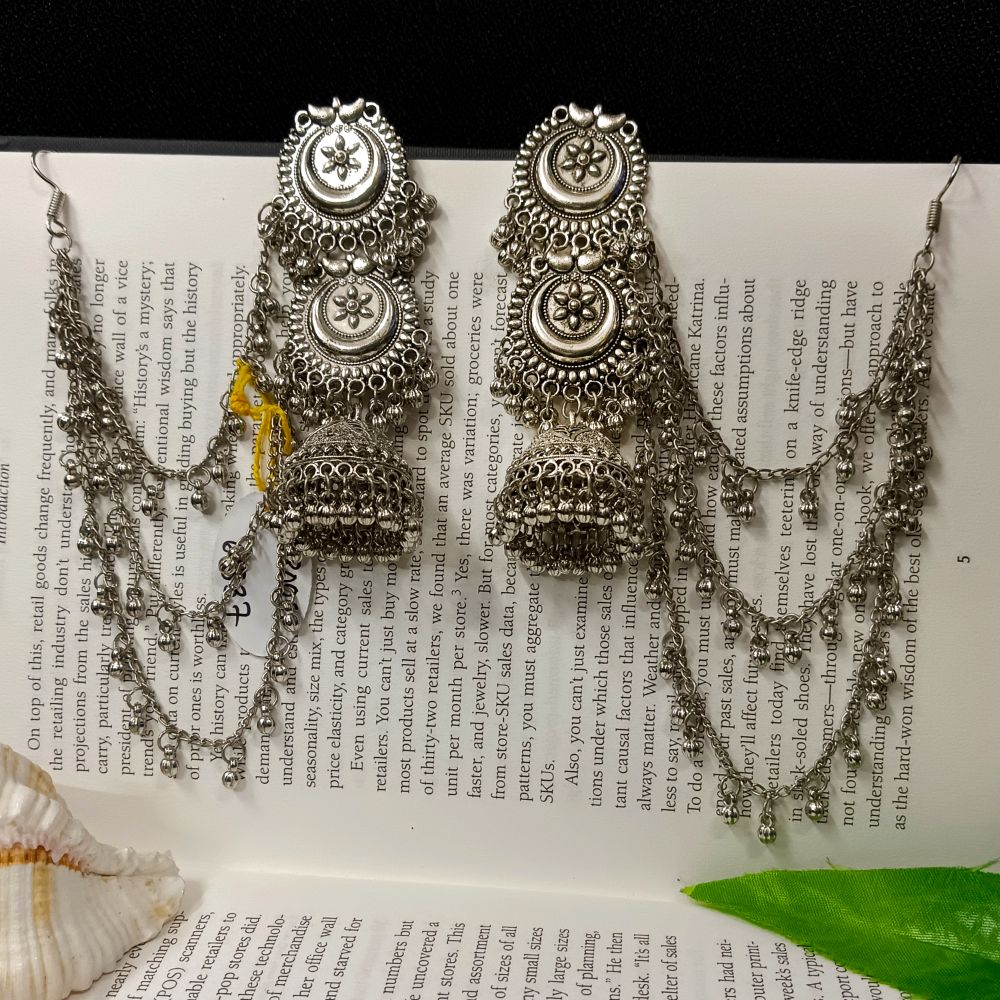 The99JewelOxidised Layered Jhumka Earrings With Kan Chain