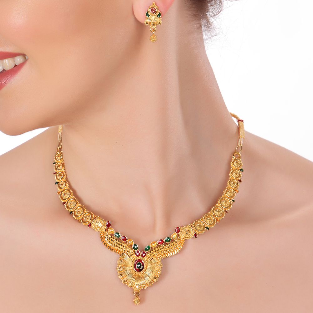 The99Jewel Gold Look Forming Traditional Designer Gold Plated Necklace Set for Women