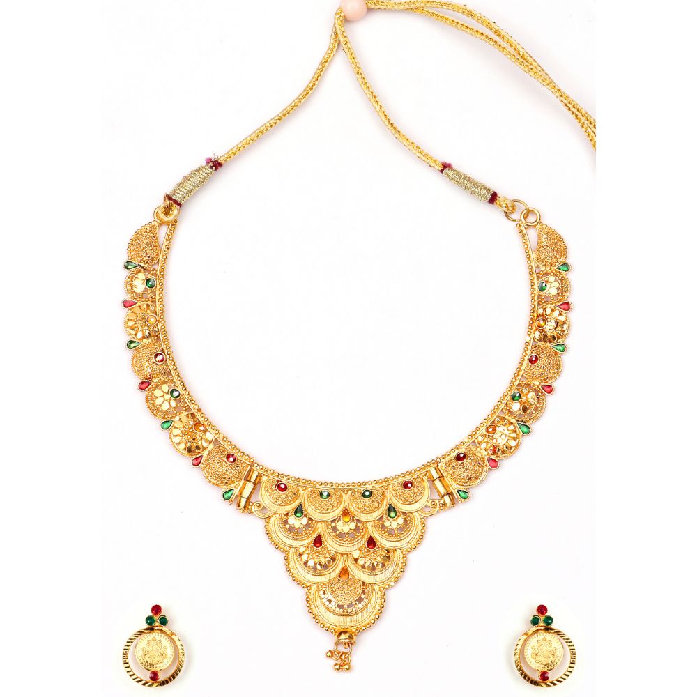 The99Jewel Gold Look Forming Traditional Designer Gold Plated Necklace Set for Women