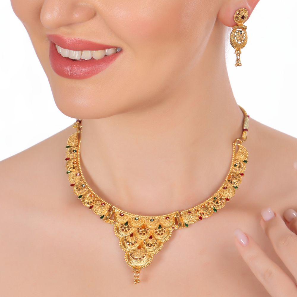 The99Jewel Gold Look Forming Traditional Designer Gold Plated Necklace Set for Women