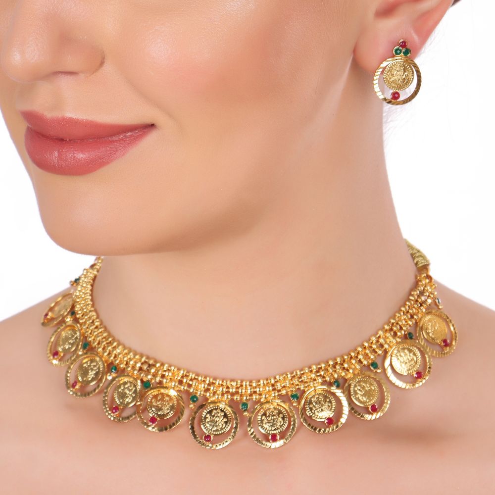 The99Jewel Gold Look Forming Traditional Designer Gold Plated Necklace Set for Women