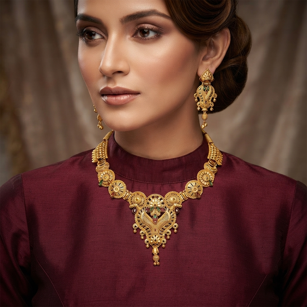 The99Jewel Gold Look Forming Traditional Designer Gold Plated Necklace Set for Women