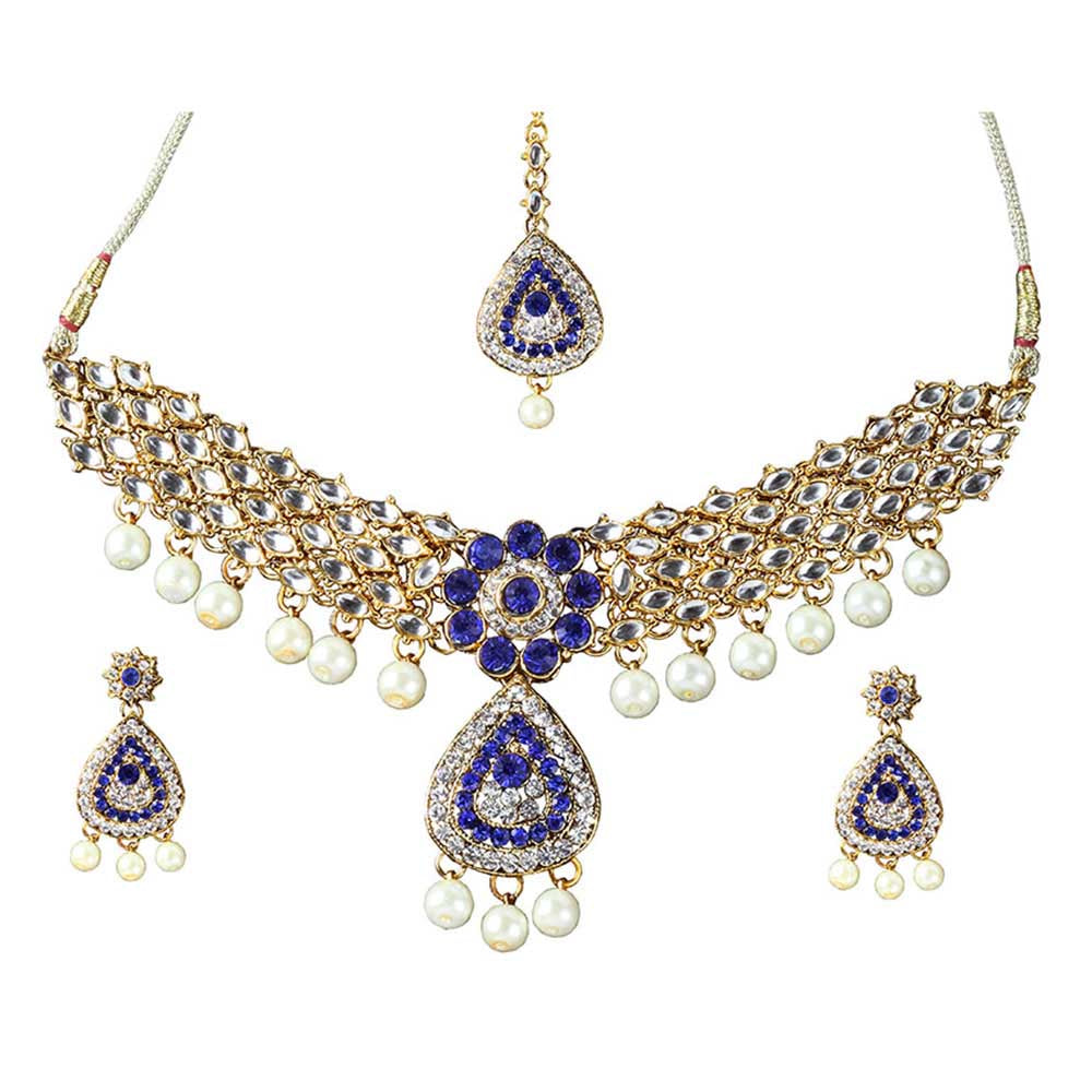 The99Jewel Gold Plated Kundan Designer Blue Necklace Set With Maangtikka