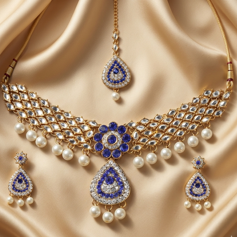 The99Jewel Gold Plated Kundan Designer Blue Necklace Set With Maangtikka