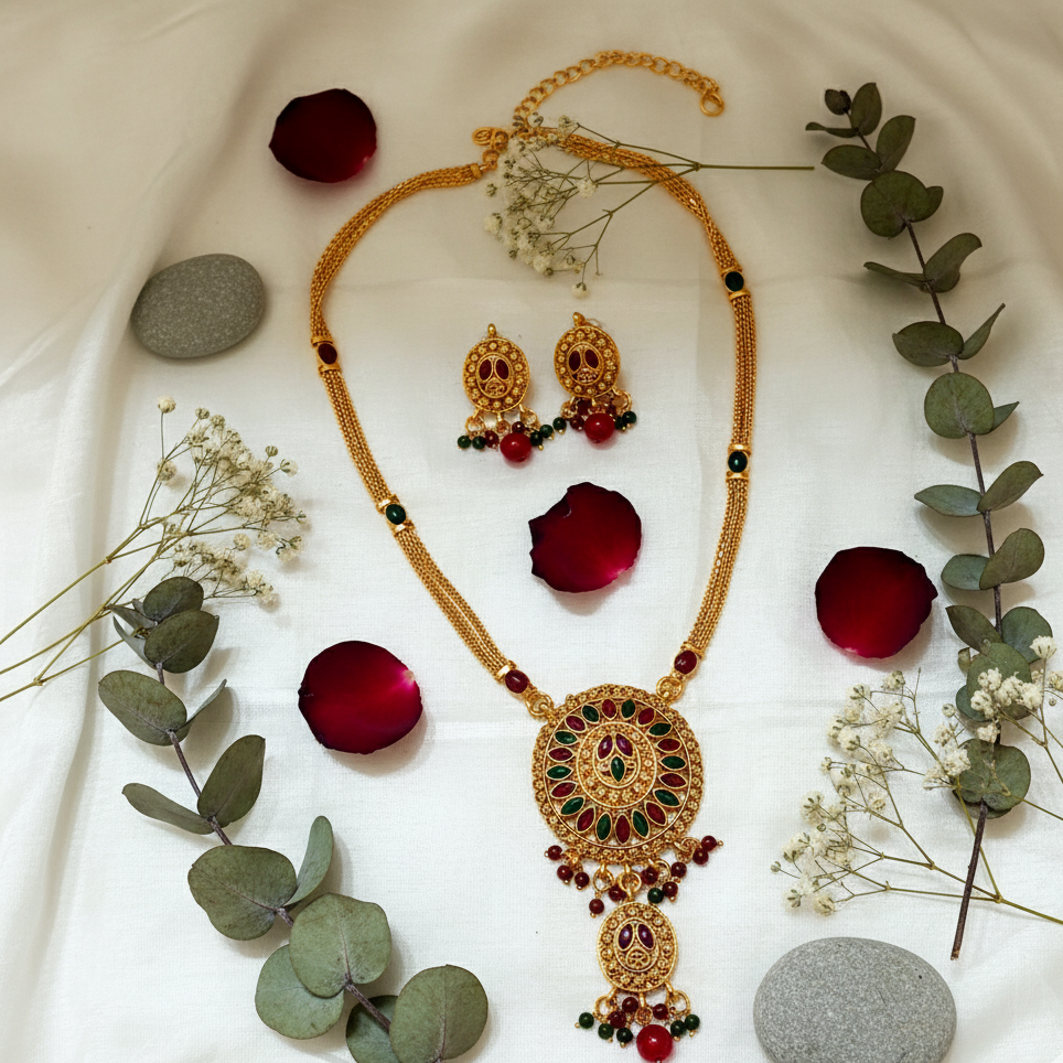 The99Jewel Gold Plated Maroon Austrian Stone Necklace Set