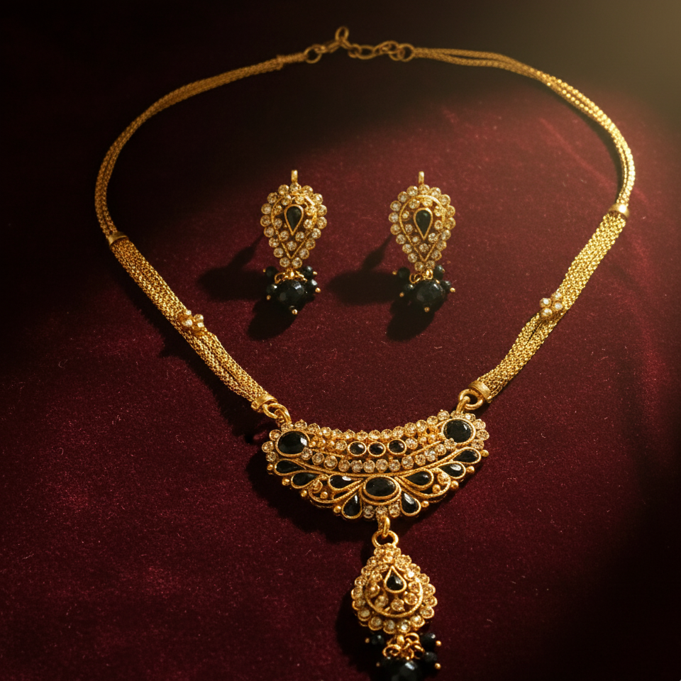 The99Jewel Gold Plated Black Austrian Stone Necklace Set