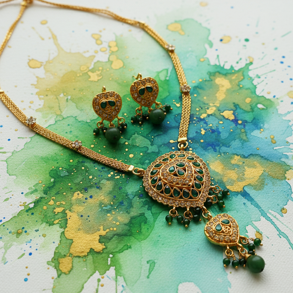 The99Jewel Gold Plated Green Austrian Stone Necklace Set