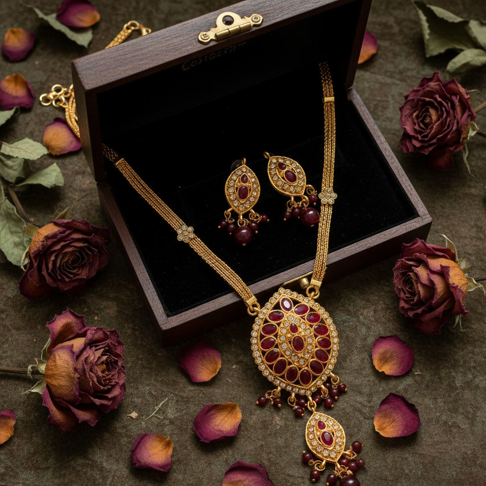 The99Jewel Gold Plated Maroon Austrian Stone Necklace Set