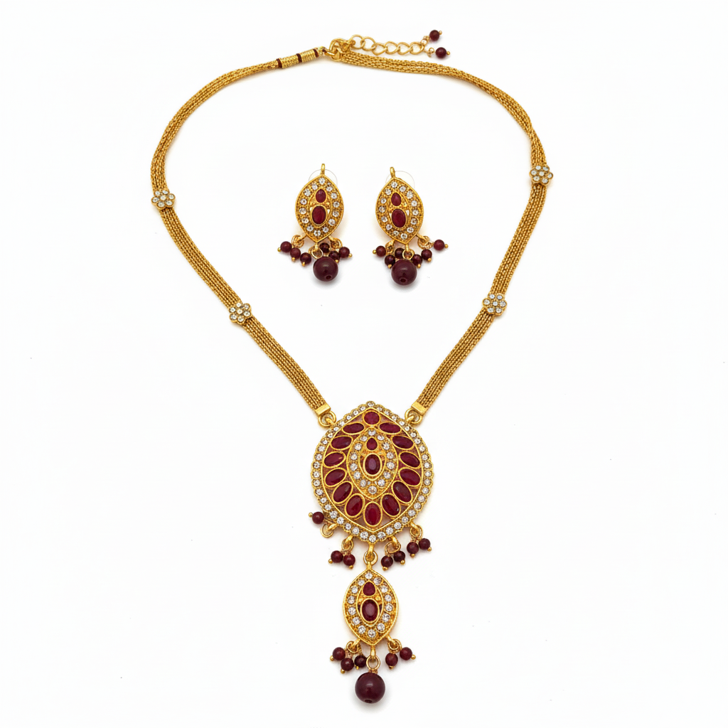 The99Jewel Gold Plated Maroon Austrian Stone Necklace Set